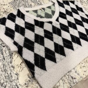 FREE PEOPLE Sweater XL Black & White Through The Motions Short Sleeve Vest Plaid